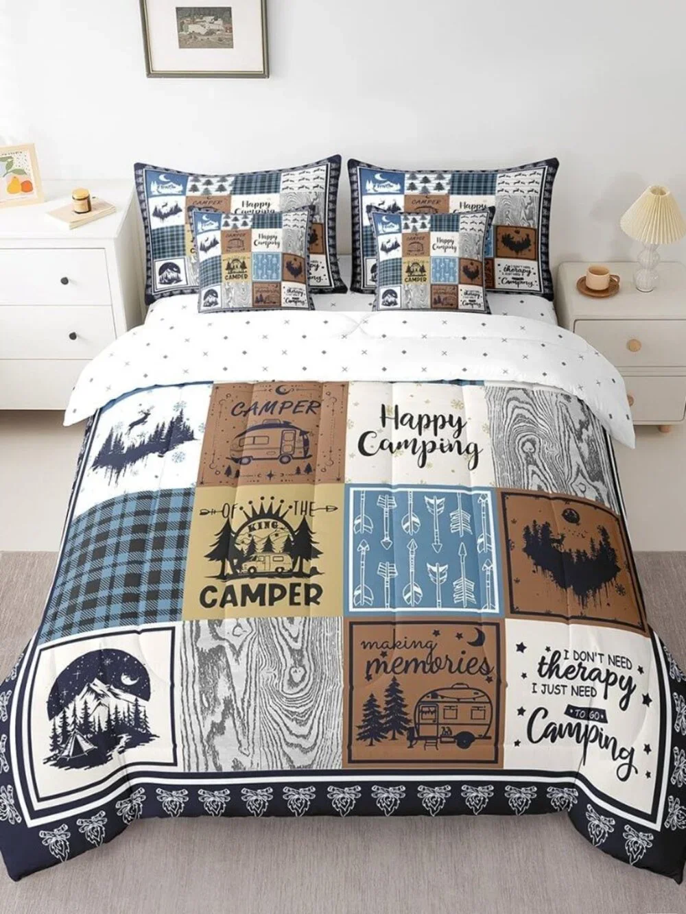 7 Piece Rv Camper Bedding Set King,Kids Happy Camping Comforter Set with Sheets,